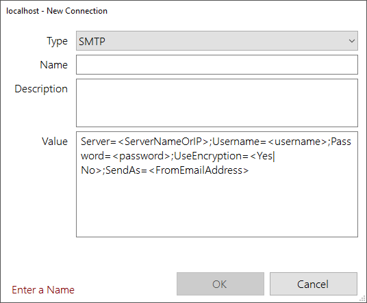 The new connection dialog with SMTP selected for type