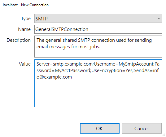 Example SMTP connection settings
