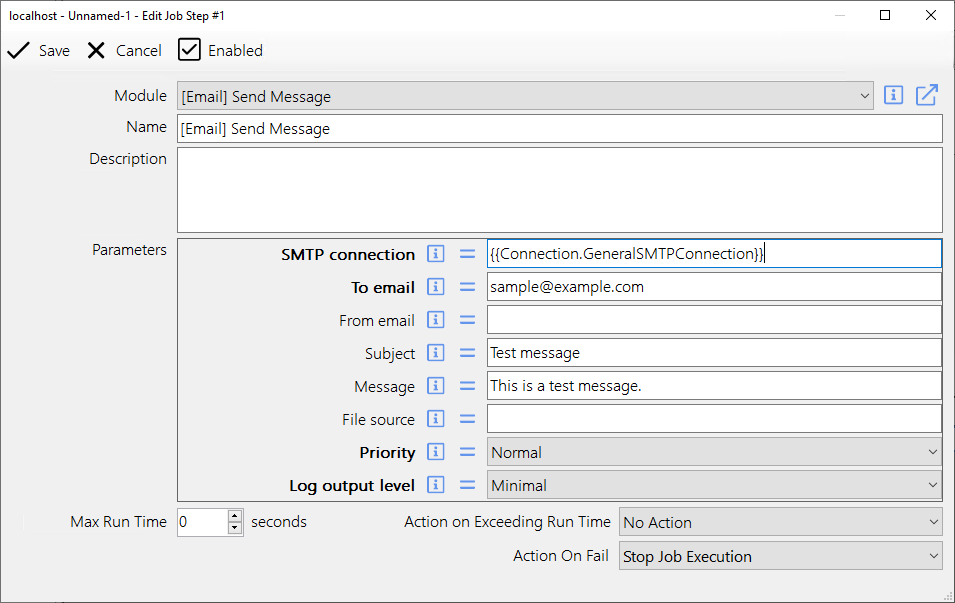 Module has SMTP connection parameter value entered as a macro