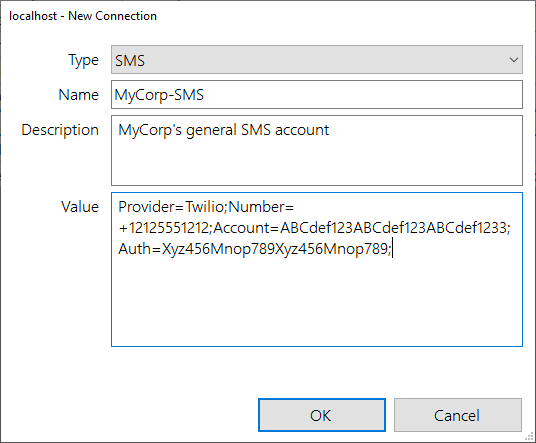 Filled SMS Connection Dialog