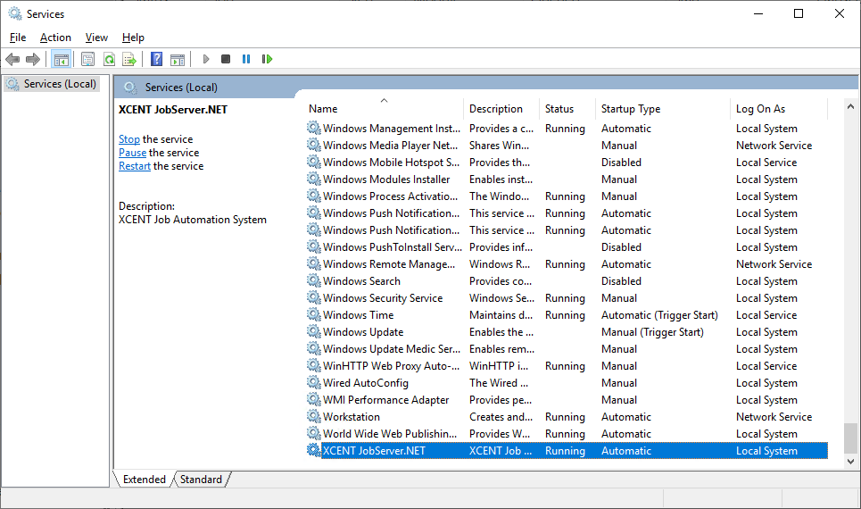 Windows Services showing JobServer.NET installed and running