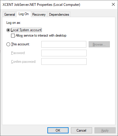Windows Services showing JobServer.NET running as Local System Account
